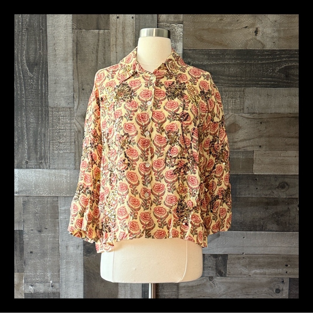 Zara boho button up shirt small floral thistle sequins coastal cowgirl western